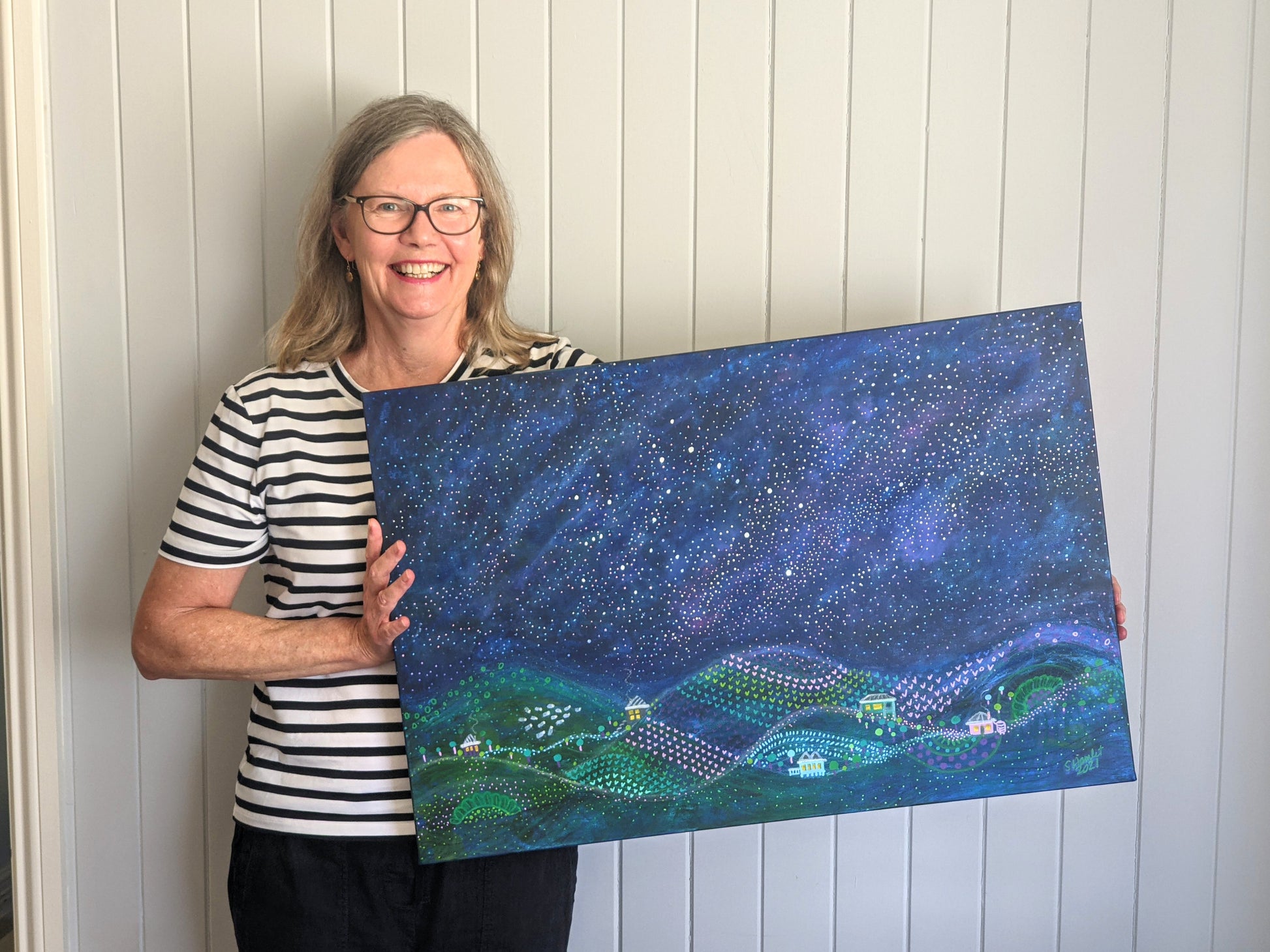 The original Starry Trail with her owner. I have painted many versions of Starry Trail with customised landscapes since this one. Talk to me if you would like your own original starscape.